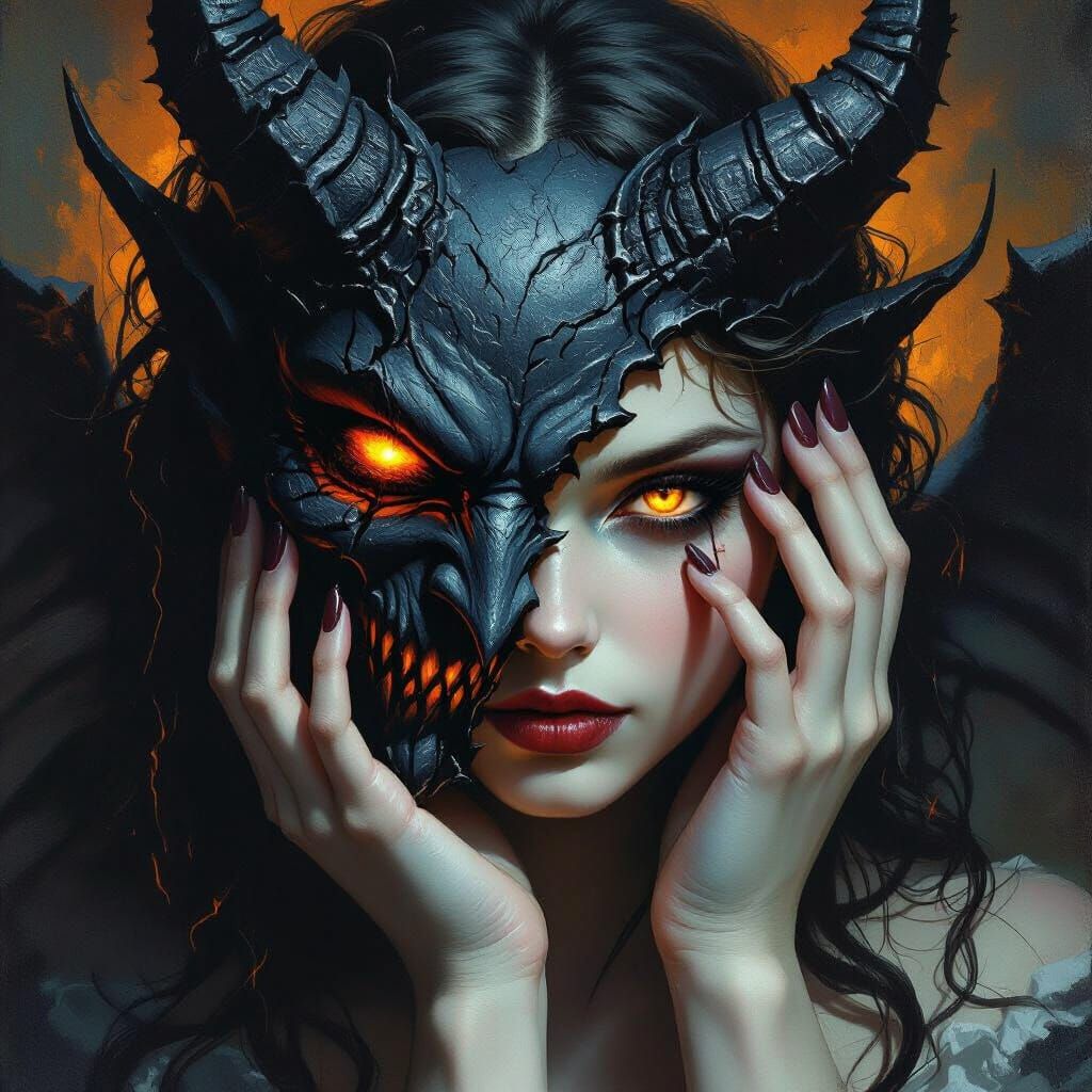Demon Revealing Beautiful Woman's Face in Dark Fantasy Art