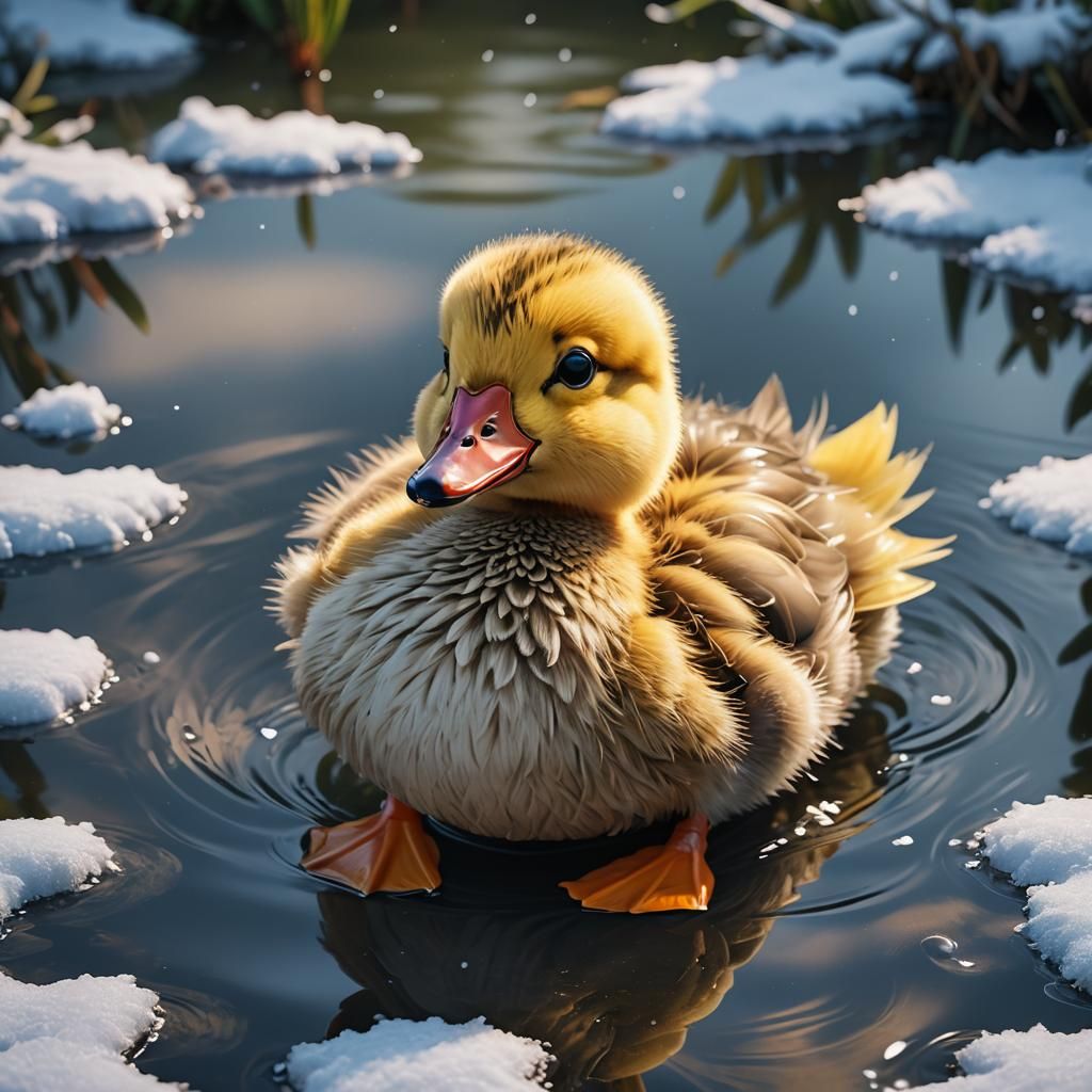 Cute Fluffy Duckling in Snowy Pond: 3D Comic Art