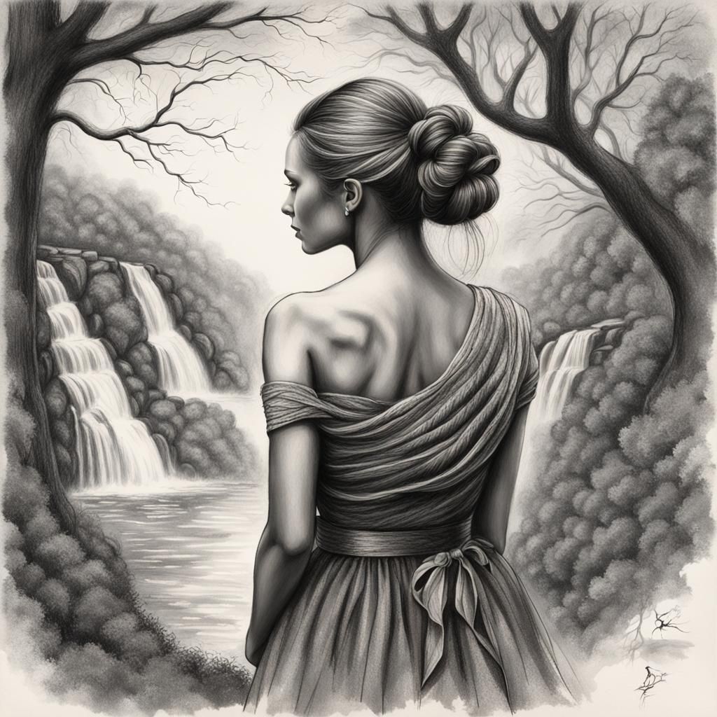 Elegant Woman in Charcoal Drawing with Waterfall