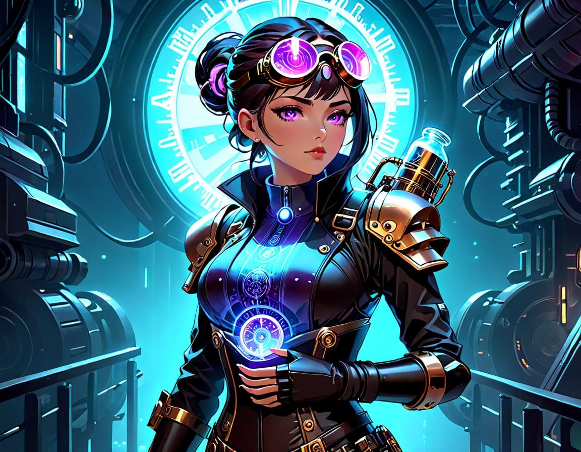 Steampunk Scientist in a Cyberpunk Dreamscape