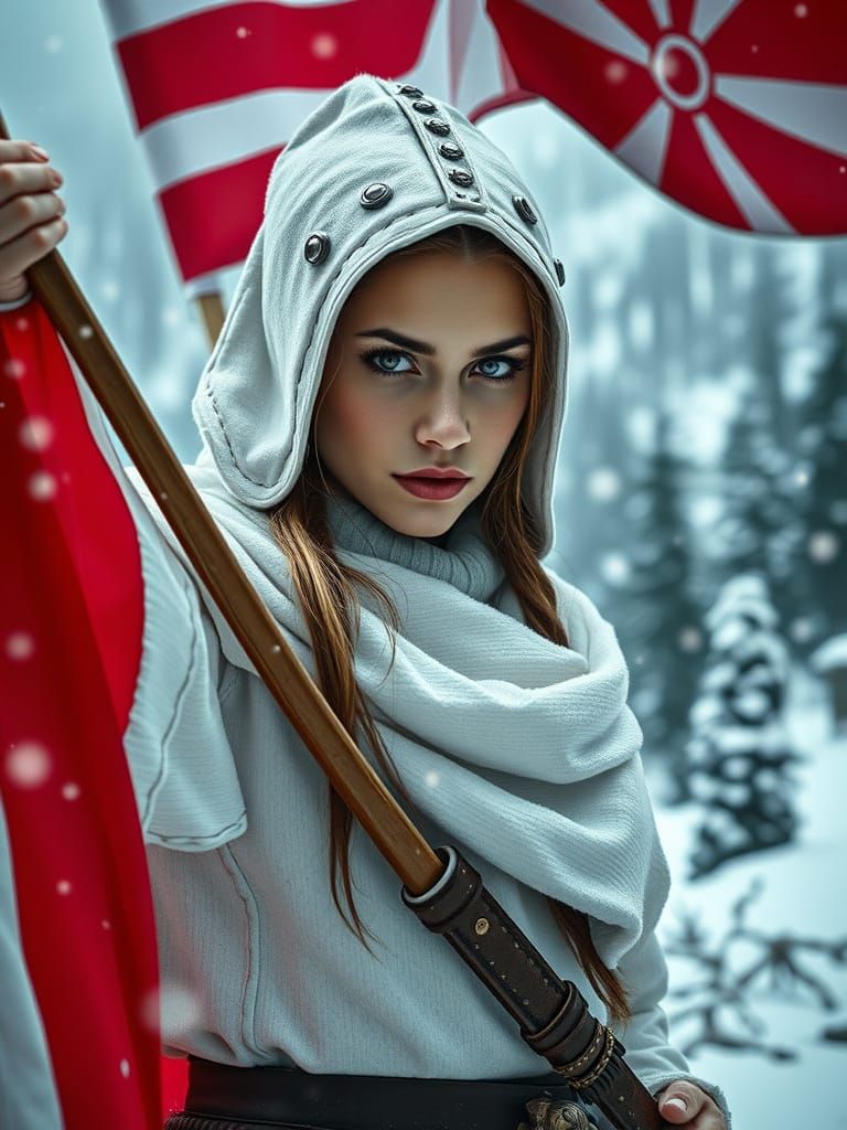 Warrior Woman Waving Flag in Winter Landscape