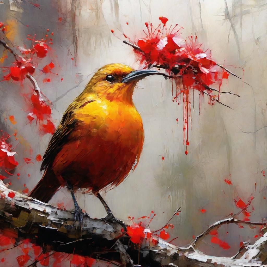Surreal Bowerbird on a Blossoming Tree in a Dramatic Light
