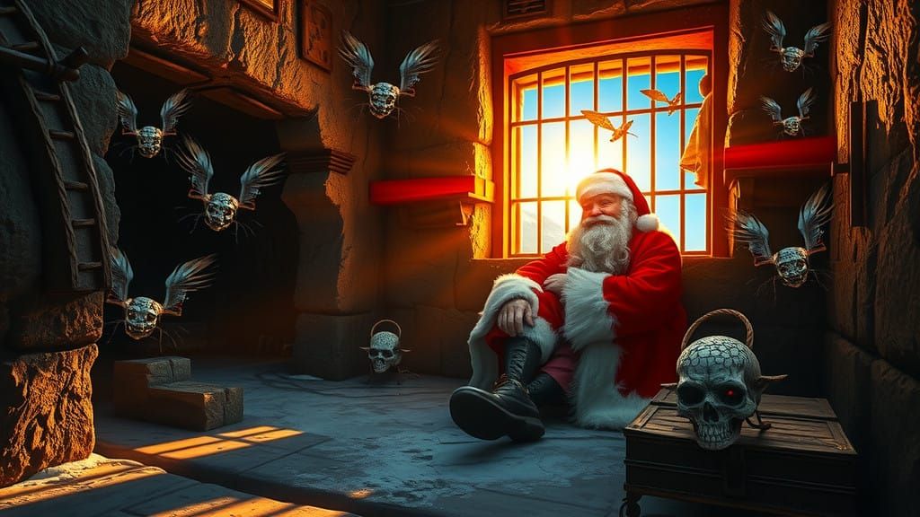 Psychedelic Santa Claus in Dark Jail, Flying Goblins Amidst....