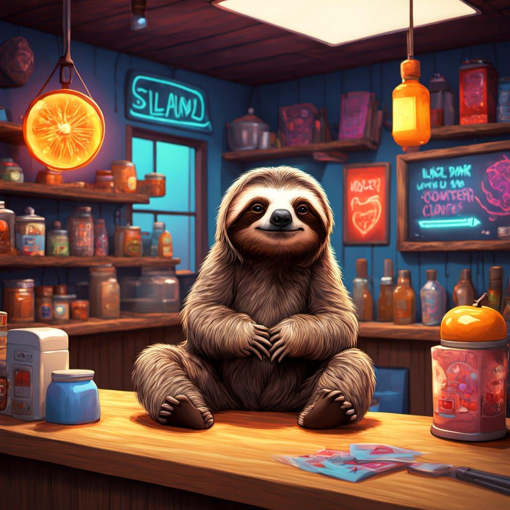 Sloth Shop Keeper in Vibrant Digital Art
