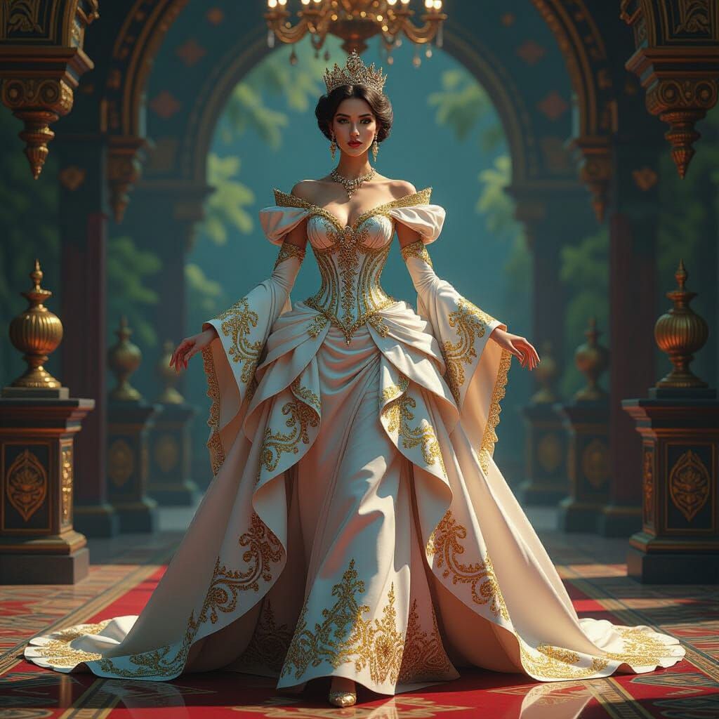 Queen in Neo-Baroque Attire with Glitch Harmony