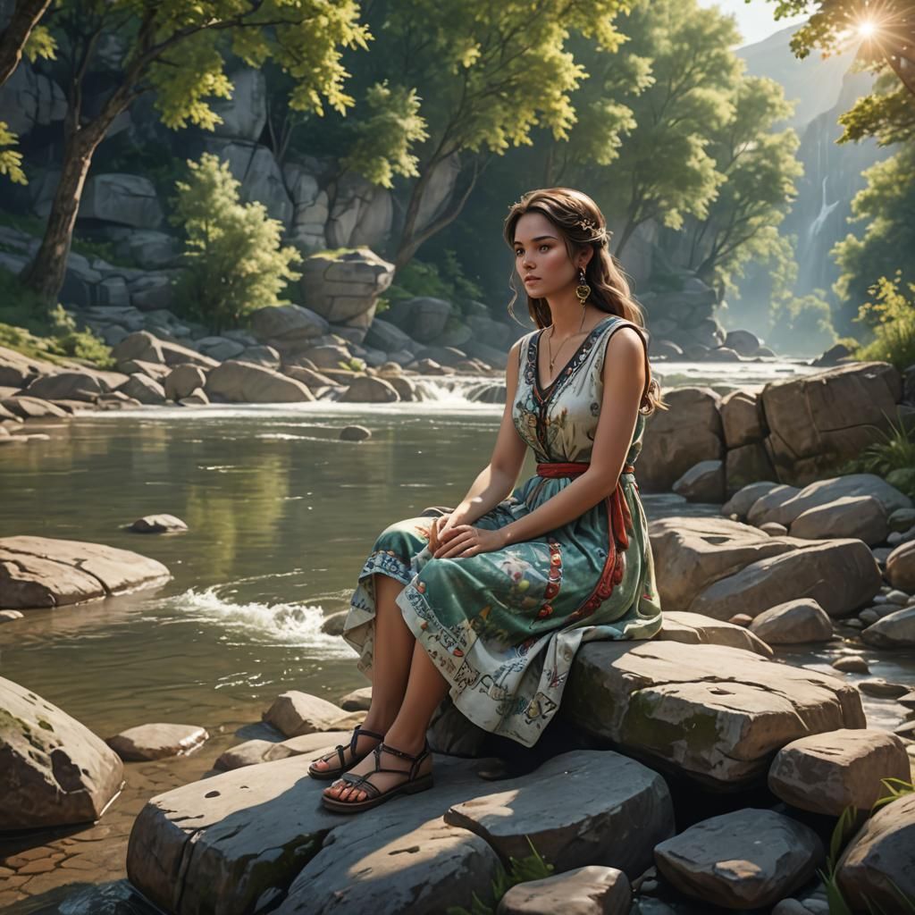 Woman in Summer Dress by River, Digital Art