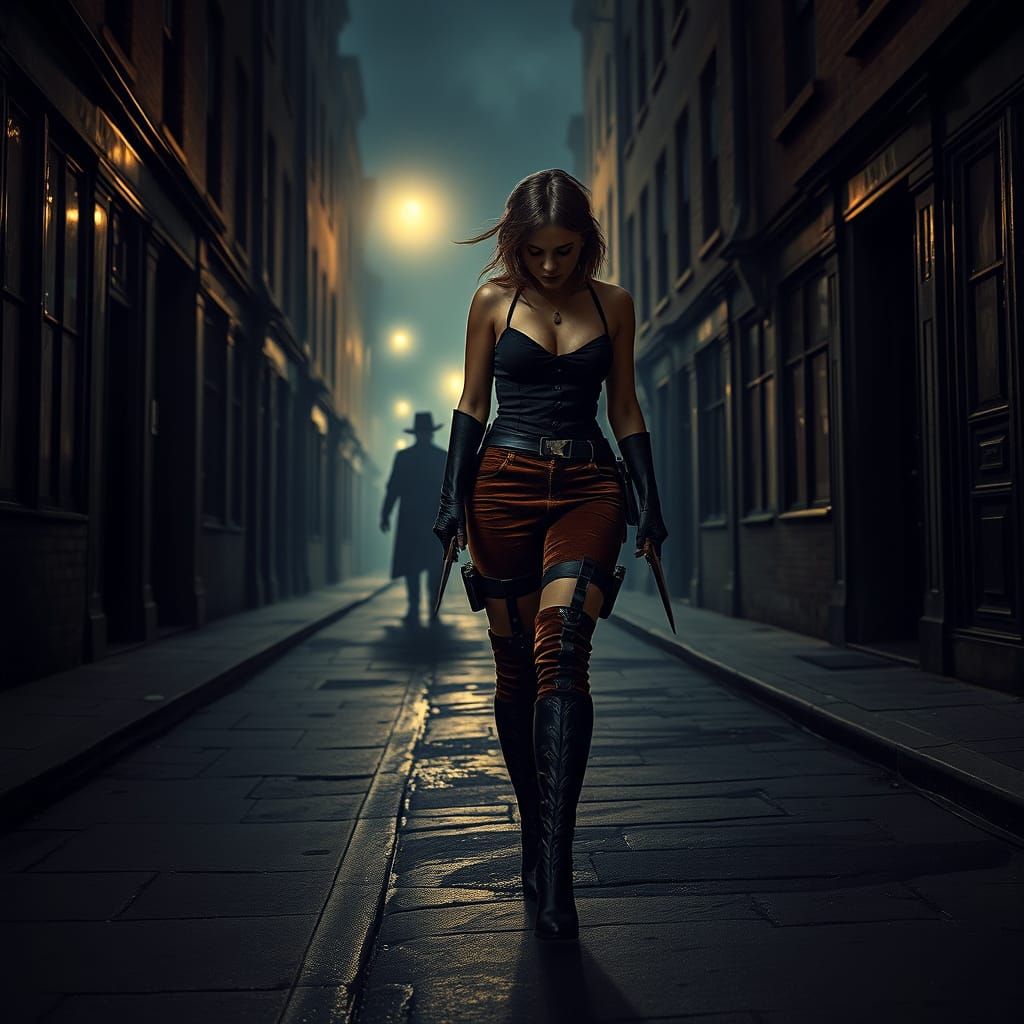 Menacing Shadow in Victorian Whitechapel in Cyberpunk Style