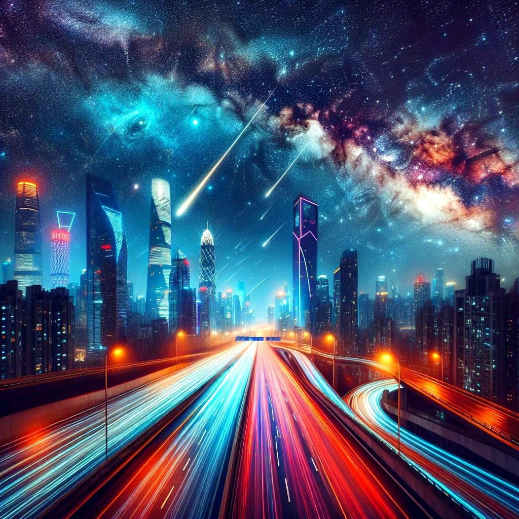 Futuristic Cityscape with Meteor Shower in Professional Phot...