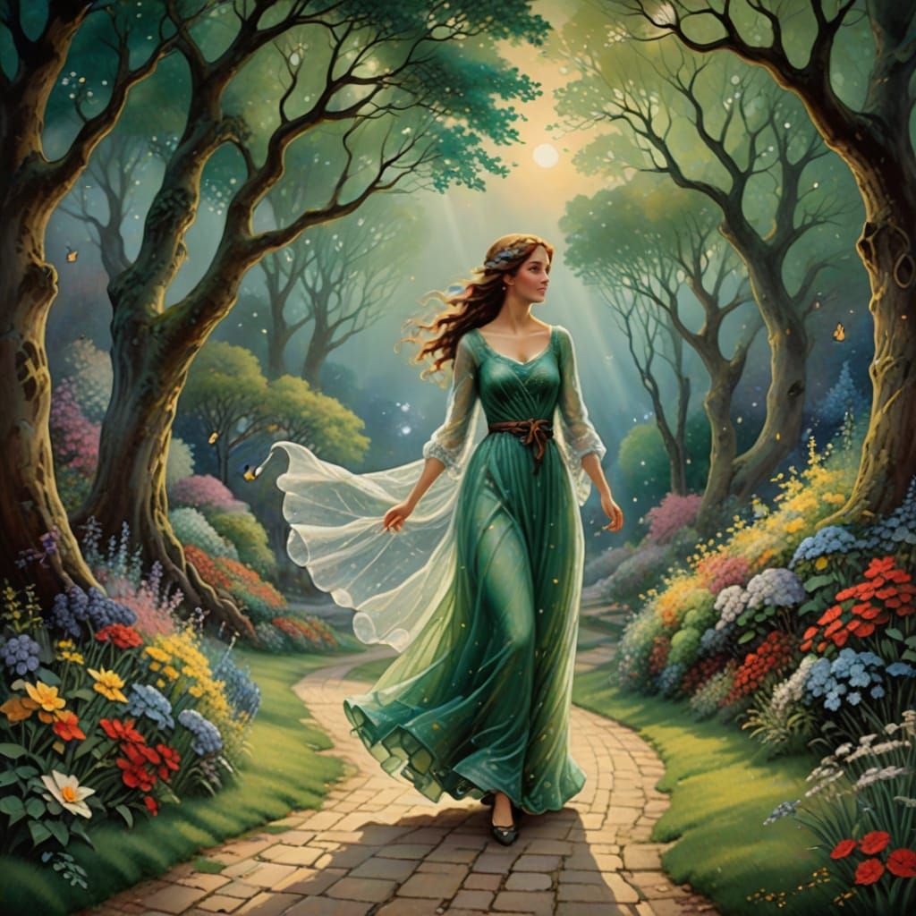 Woman Walking a Winding Road in Mystical Mist