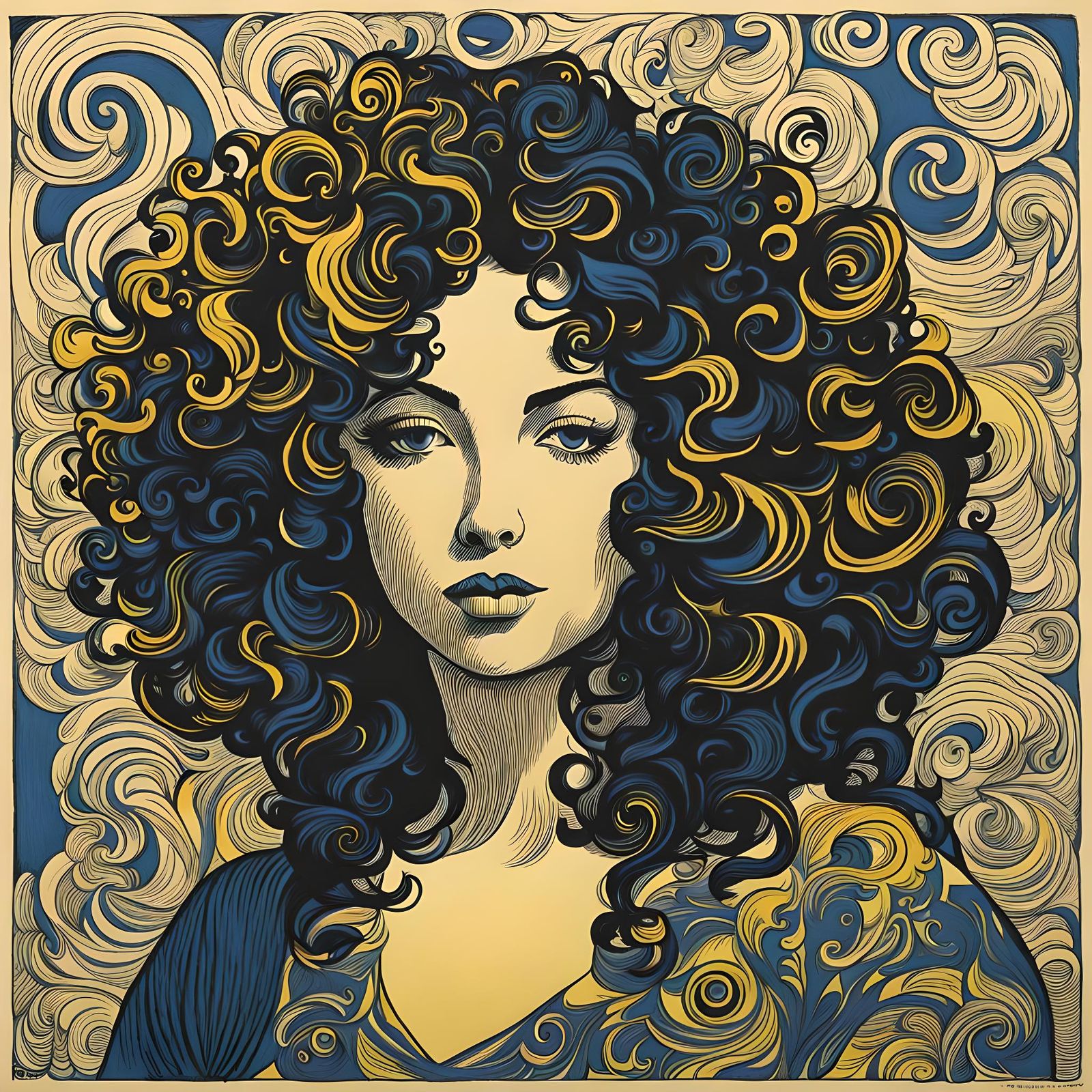 Woman with Curly Hair in Abstract Woodcut Style