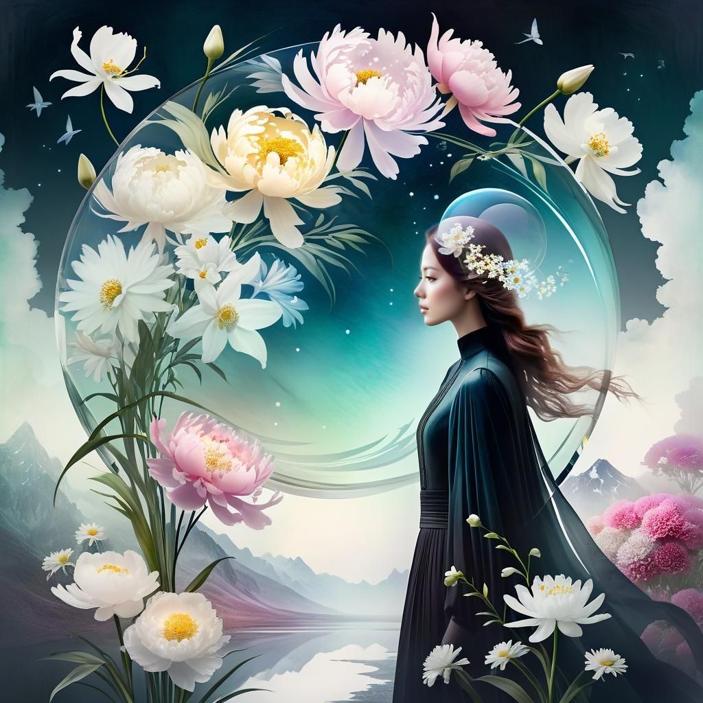 Surreal Glass Bouquet in Dreamscape, Watercolor Style