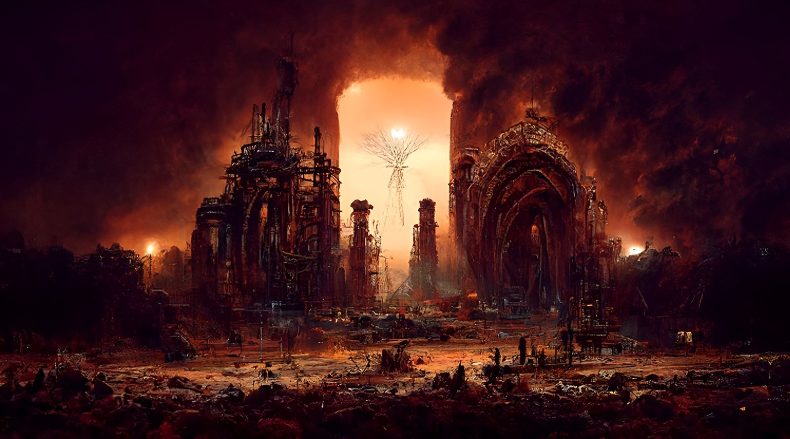 Apocalyptic Industrial Ruins: Fiery Sci-Fi Landscape