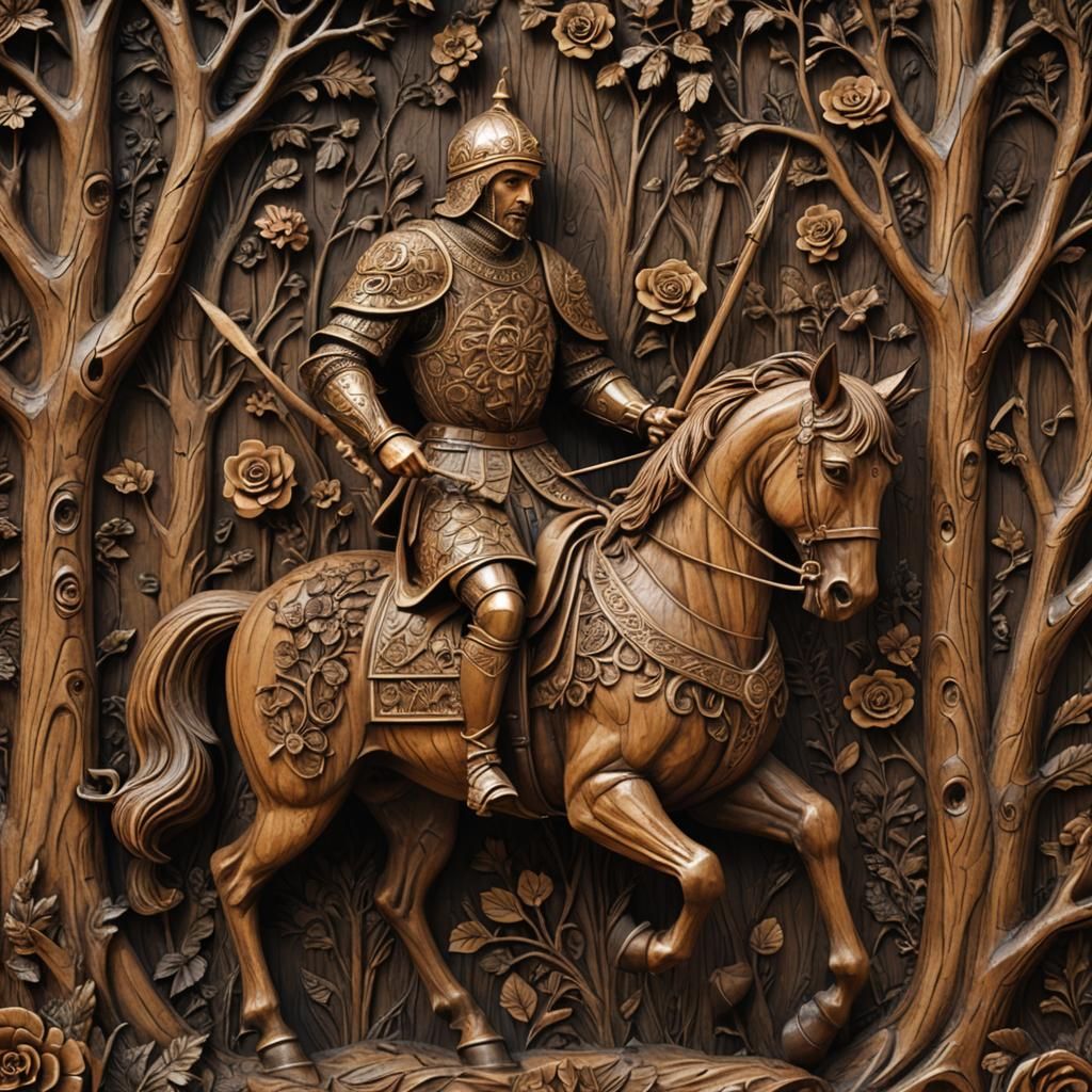 Medieval Huntsman in Forest Wood Carving