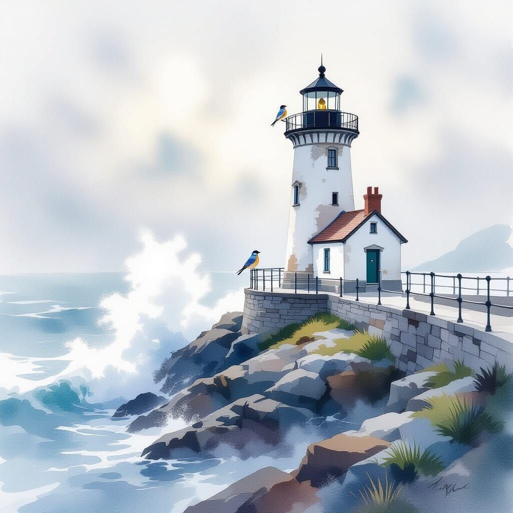 Impressionistic Watercolour Painting of a Lighthouse and Blu...