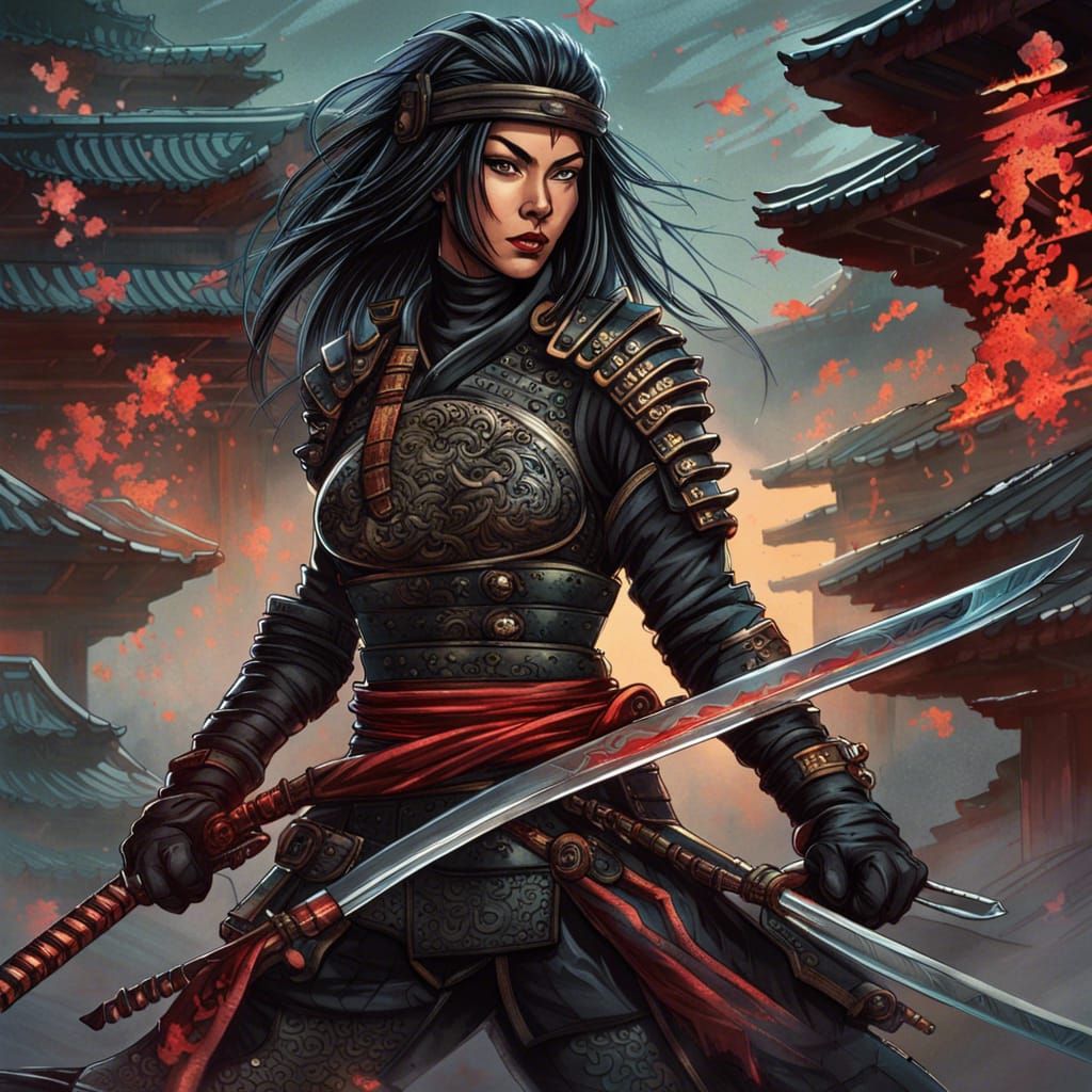Female Ninja Warrior in Samurai Armor: Comic Book Art