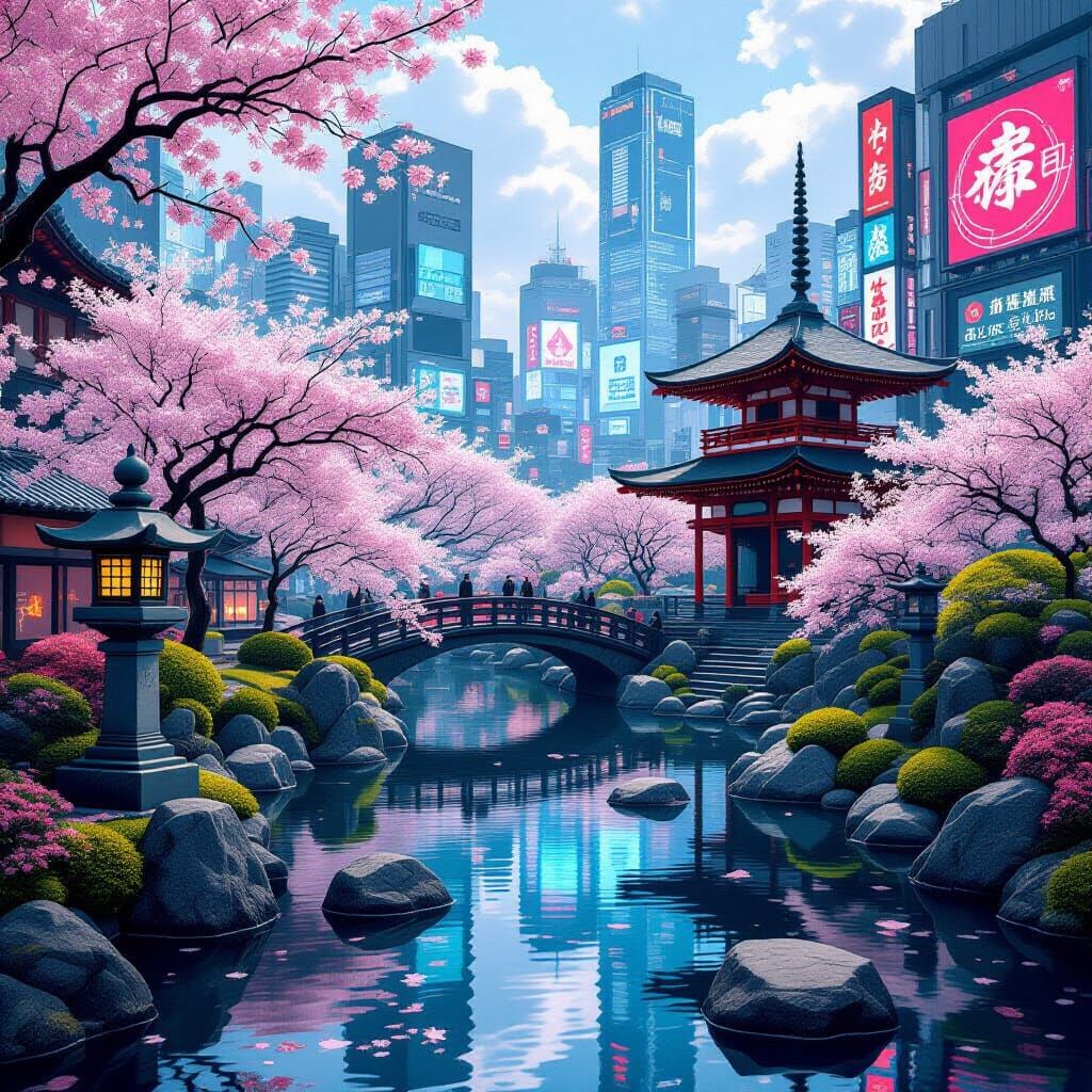 Japanese Garden Meets Cyberpunk Cityscape