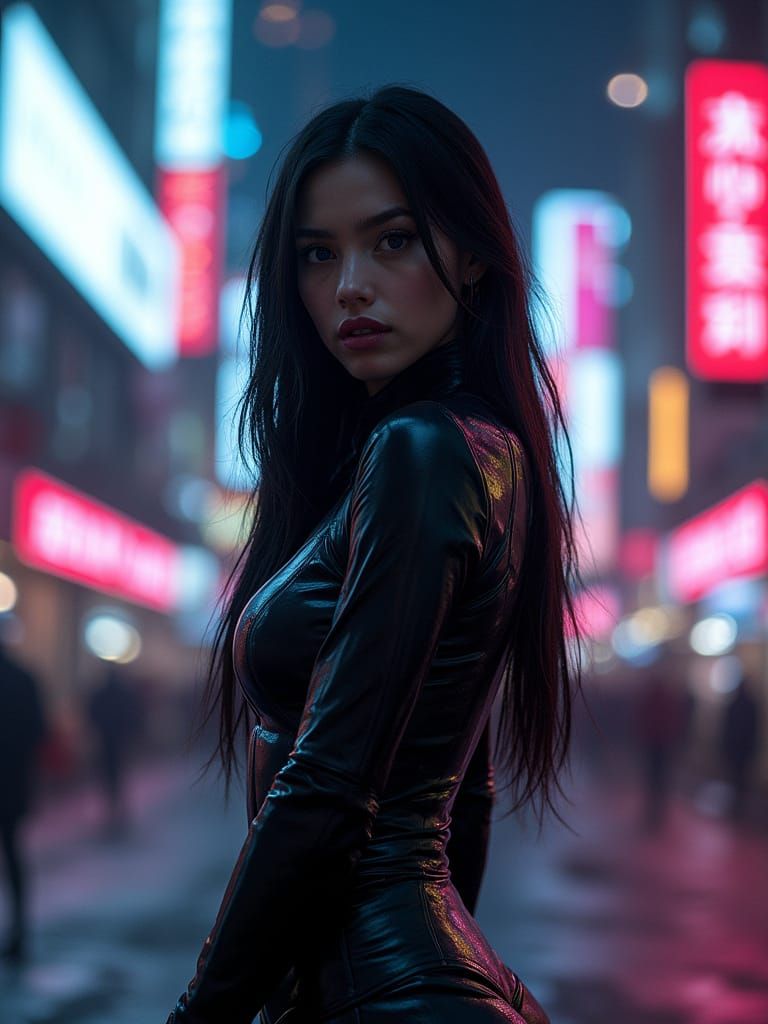 Cyberpunk Noir Figure Exudes Controlled Energy in Neon Citys...