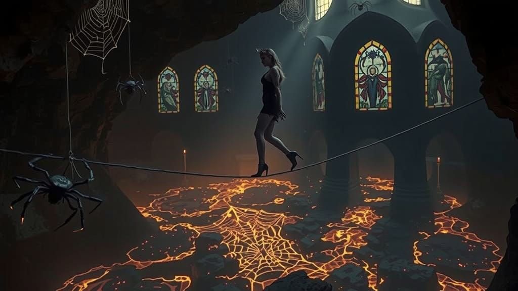 Dark Elf Queen Crosses Lava Cavern in Dramatic Light