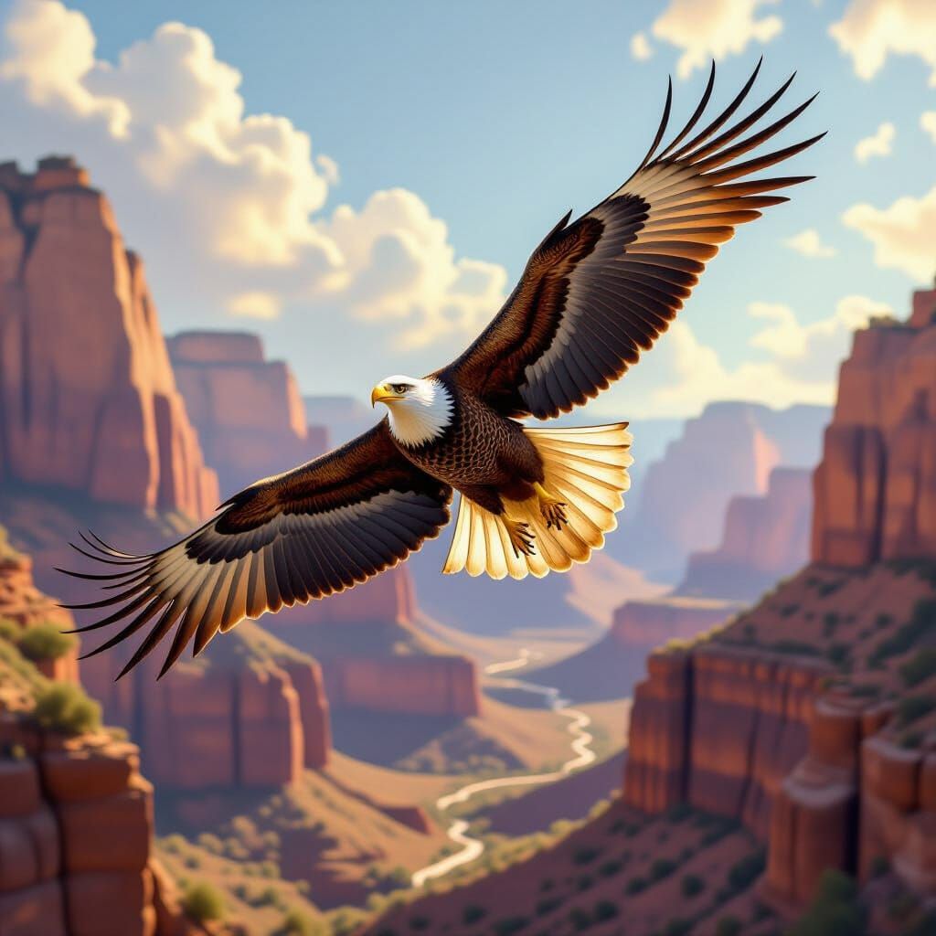 Majestic Eagle Soaring Through Sunlit Canyon