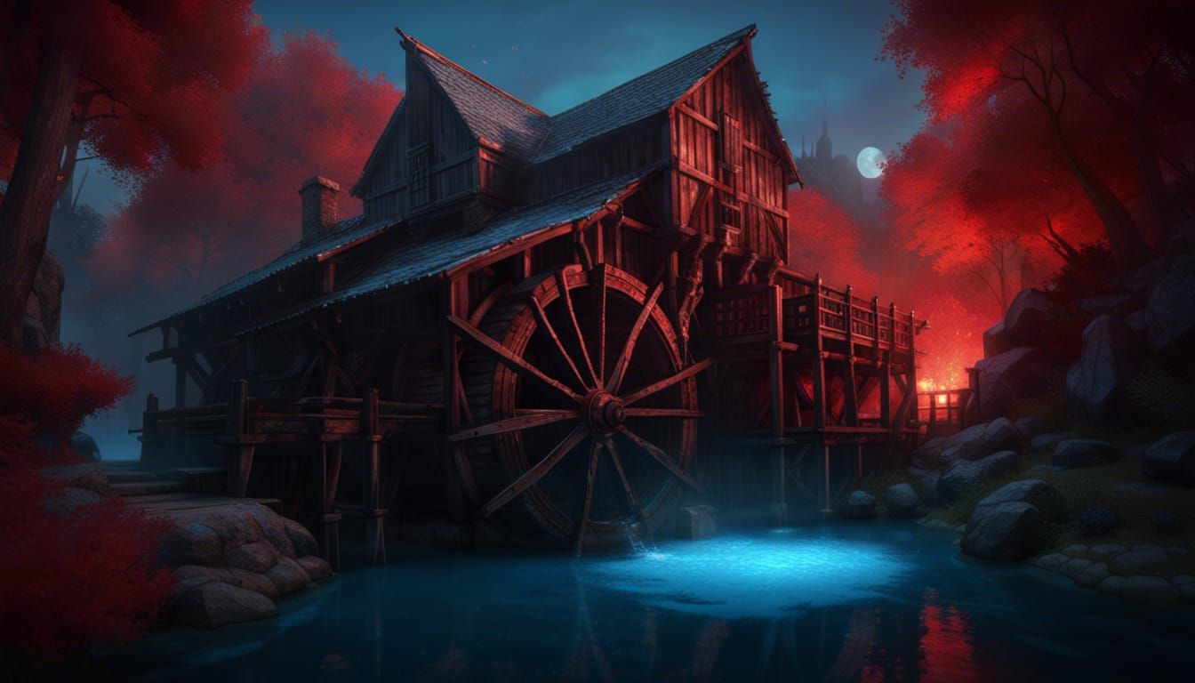 Celestial Watermill in Dark Fantasy Style