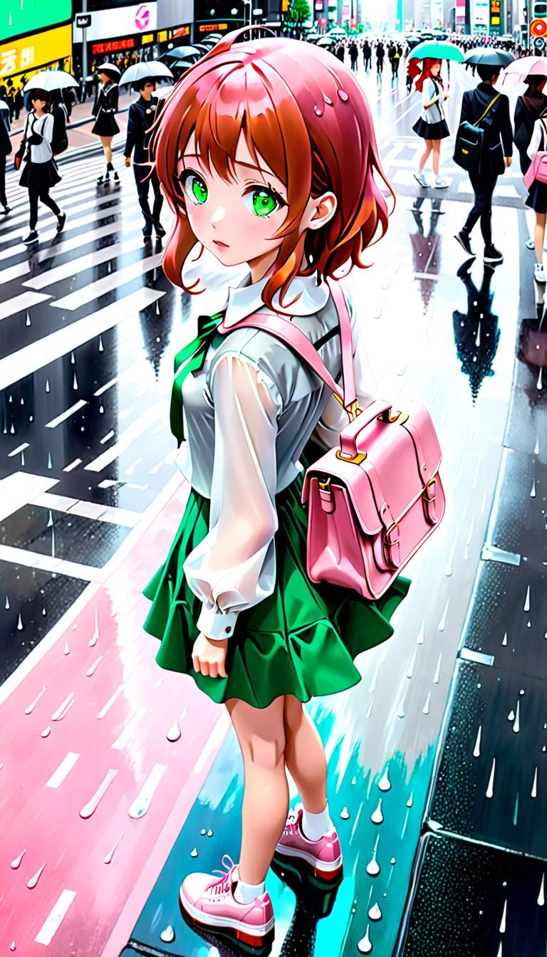 Anime Girl in Shibuya Crossing at Twilight