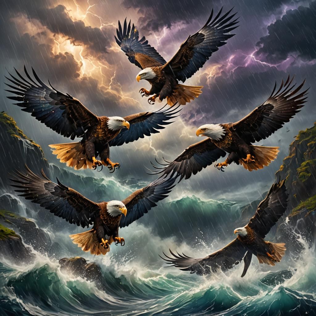 Eagles Soaring Through Stormy Waters in Fantasy Art