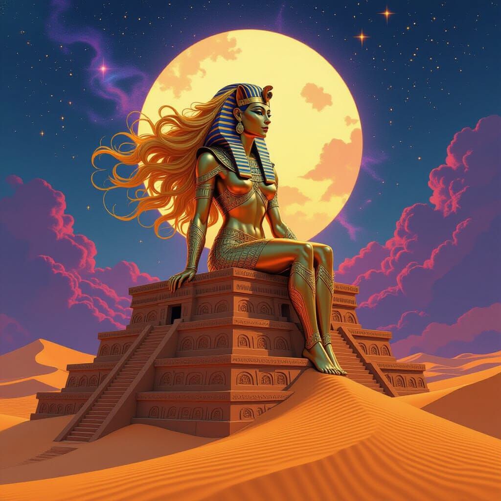 Golden Sphinx on Ziggurat in Art Deco Surrealism
