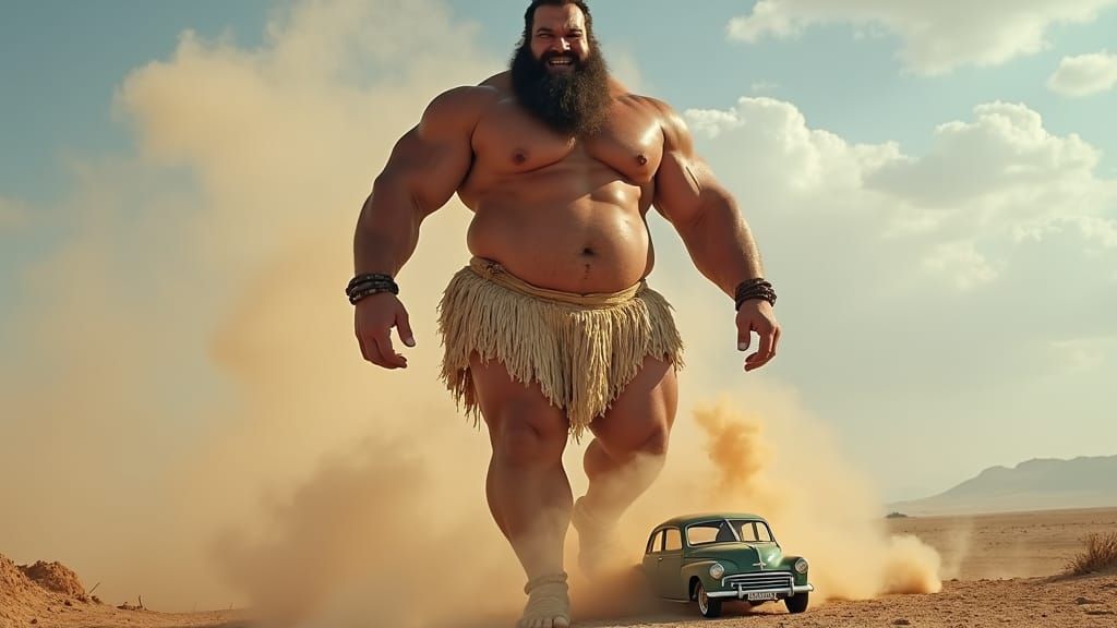 Colossal Bodybuilder Crushing Car: A Portrait of Strength