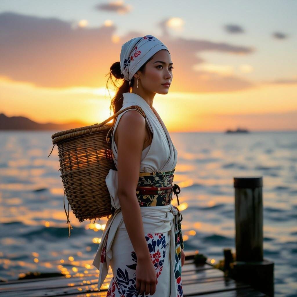 Determined Ama Fisherwoman at Sunset