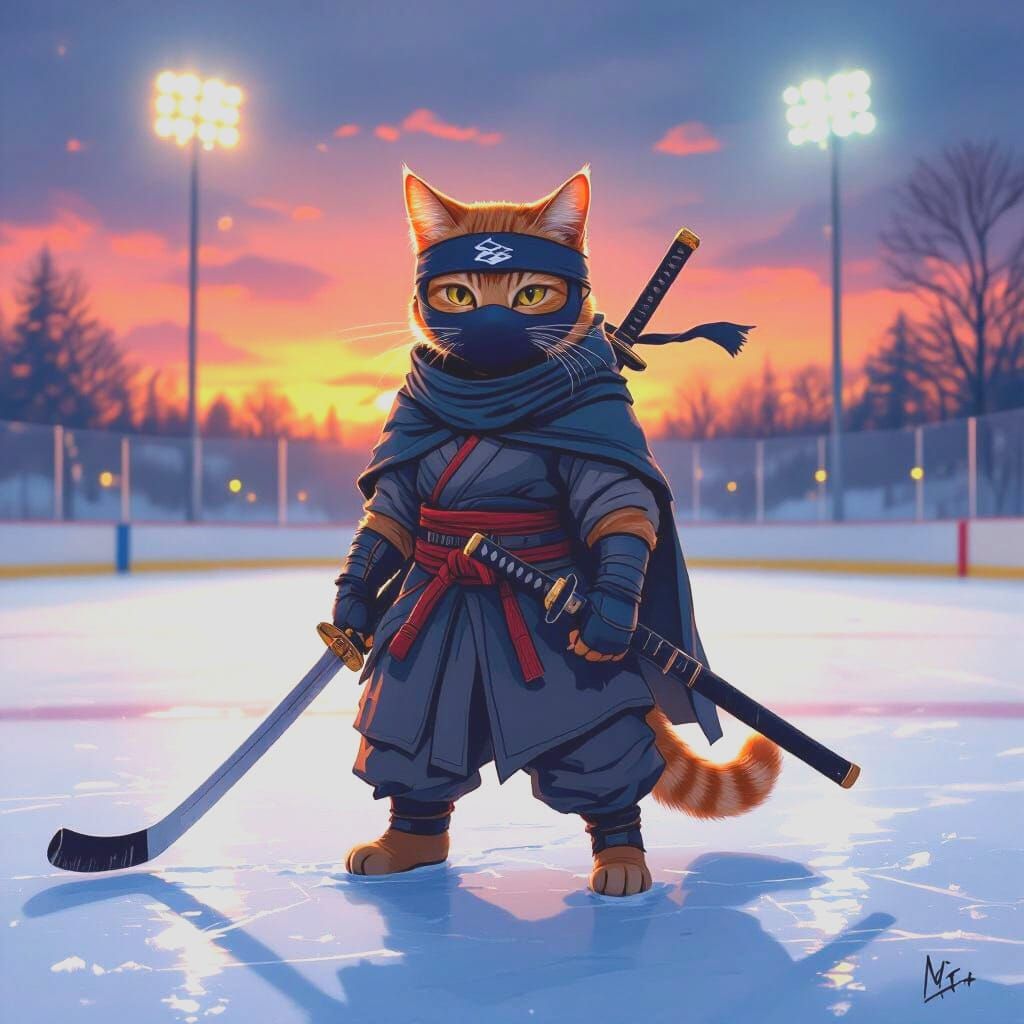 Ninja Cat on Ice: A Whimsical Hockey Scene