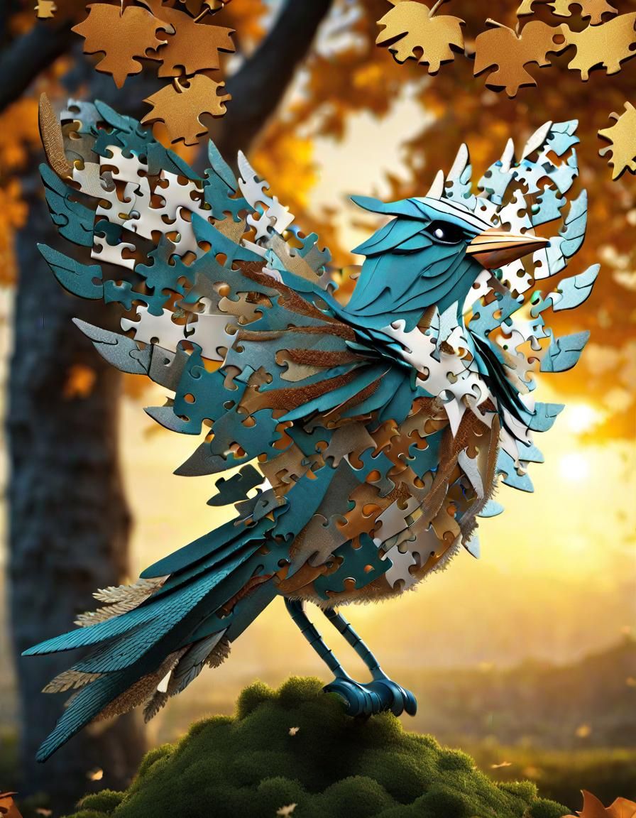 Surreal Puzzle Bird in Flight: Digital Illustration