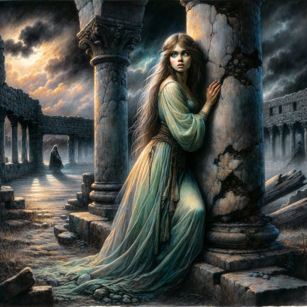 Norse Goddess in Derelict Castle Courtyard