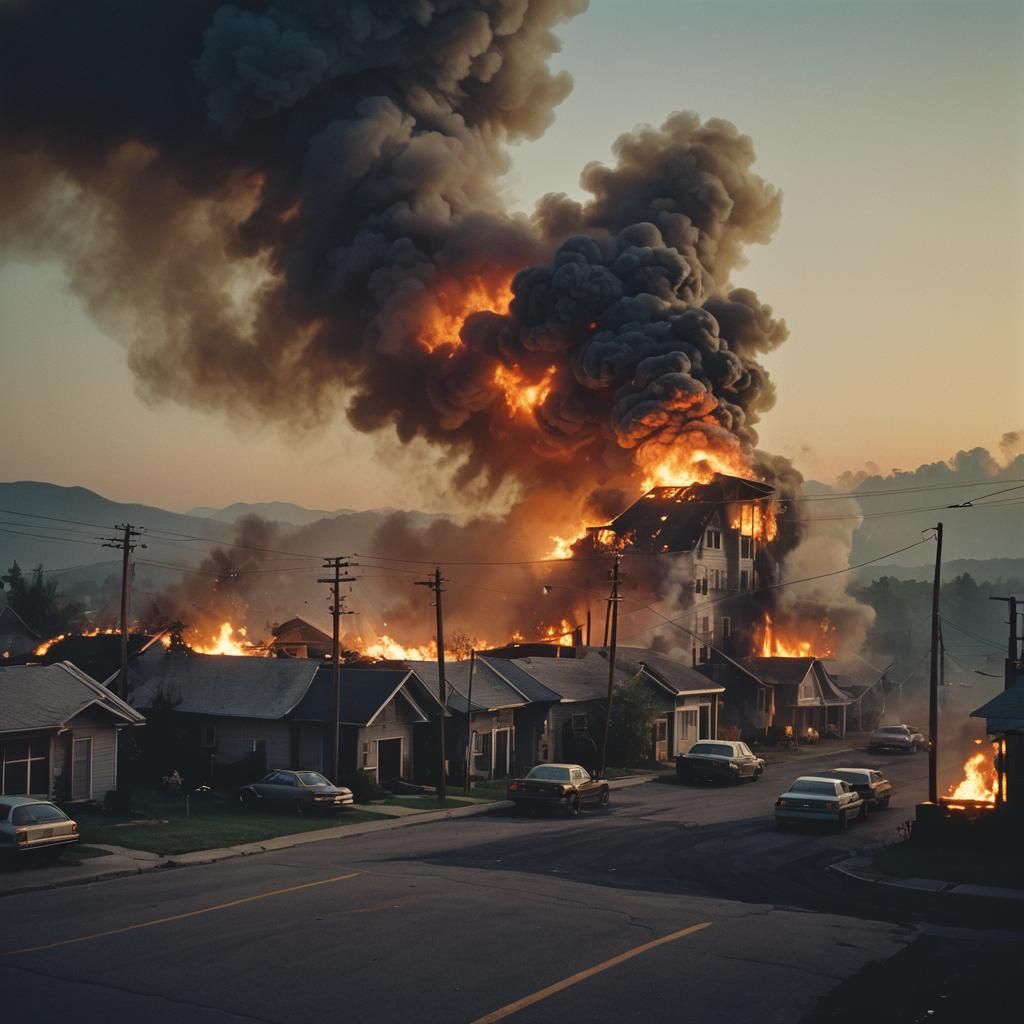 Dramatic Town Ablaze: Cinematic Film Still