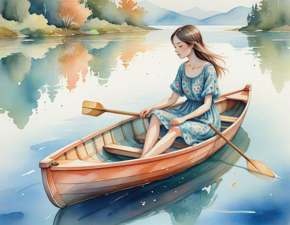 Whimsical Watercolor Scene of a Young Girl Rowing a Boat