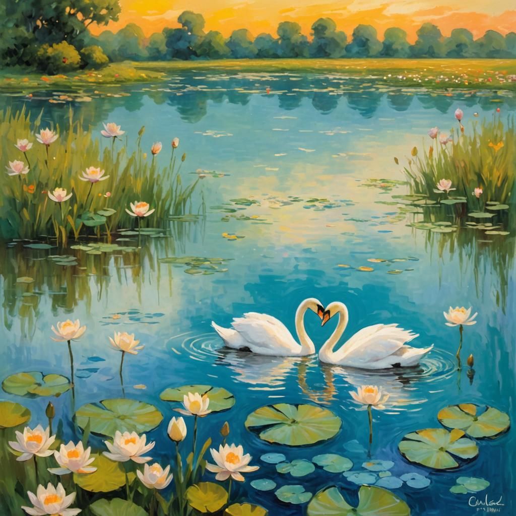Kissing Swans on Cerulean Lake: Impressionist Oil Painting