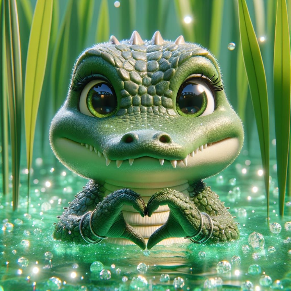 Cute Crocodile Forming Heart in Sparkling Water: 3D Render