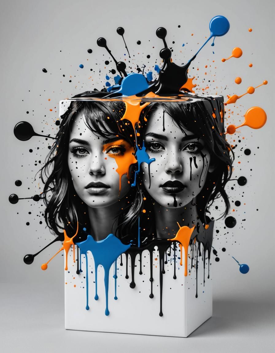 Abstract Ink Splatter Art on White Cube