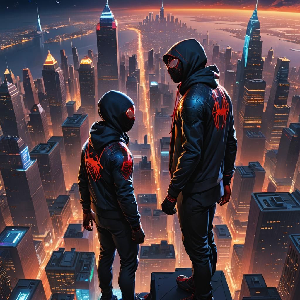 Heroic Miles Morales in a Cyberpunk Cityscape