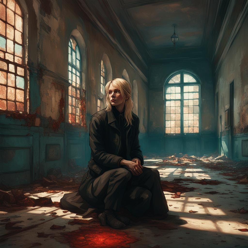 Blonde Woman in Derelict Asylum with Shadow, Digital Art