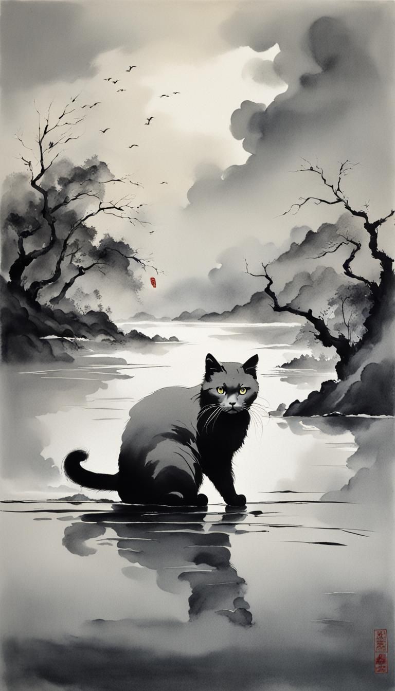 Minimalist Chinese Ink Painting: Cat in Flood