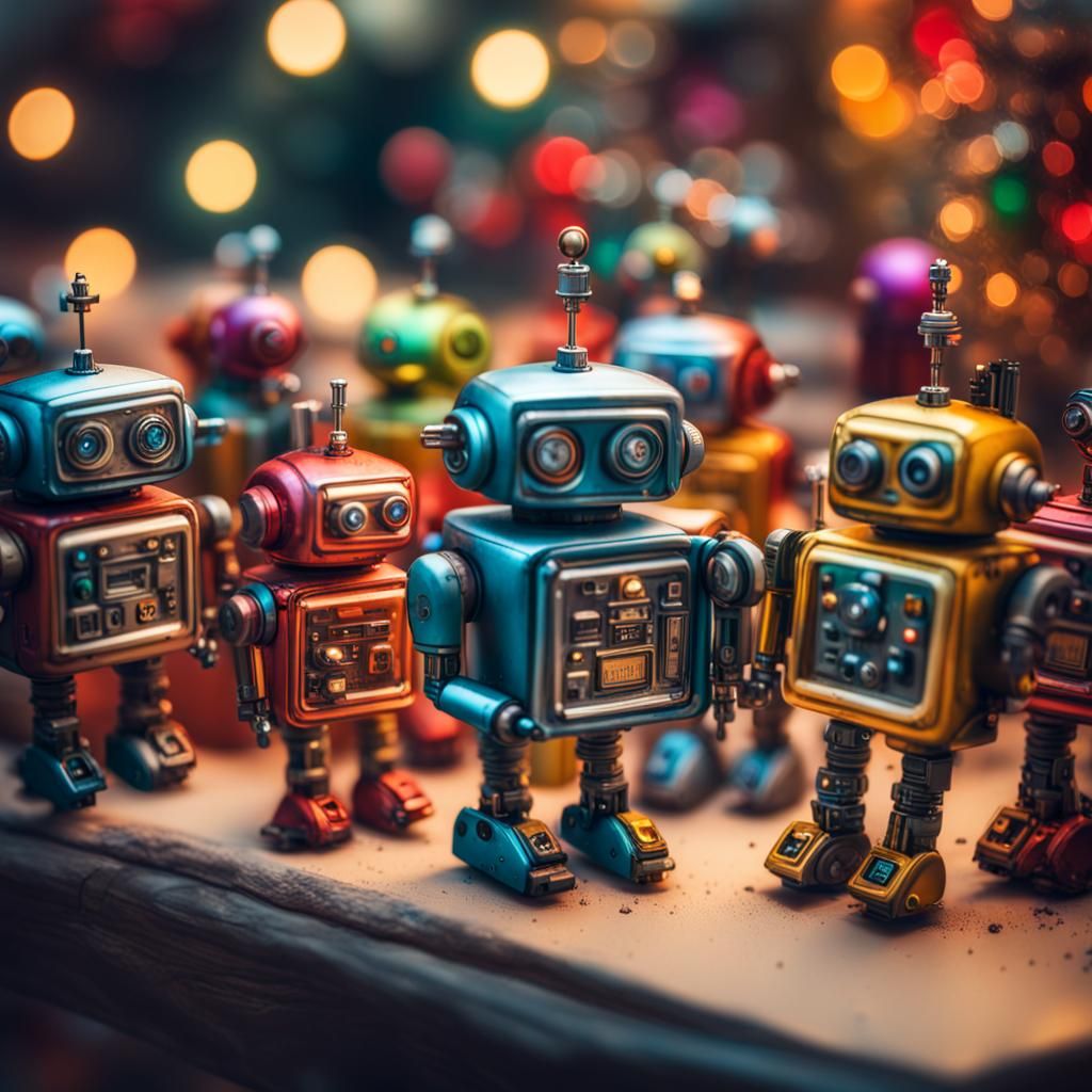 Christmas Shop Selling Miniature Robots: Hyperrealistic Art