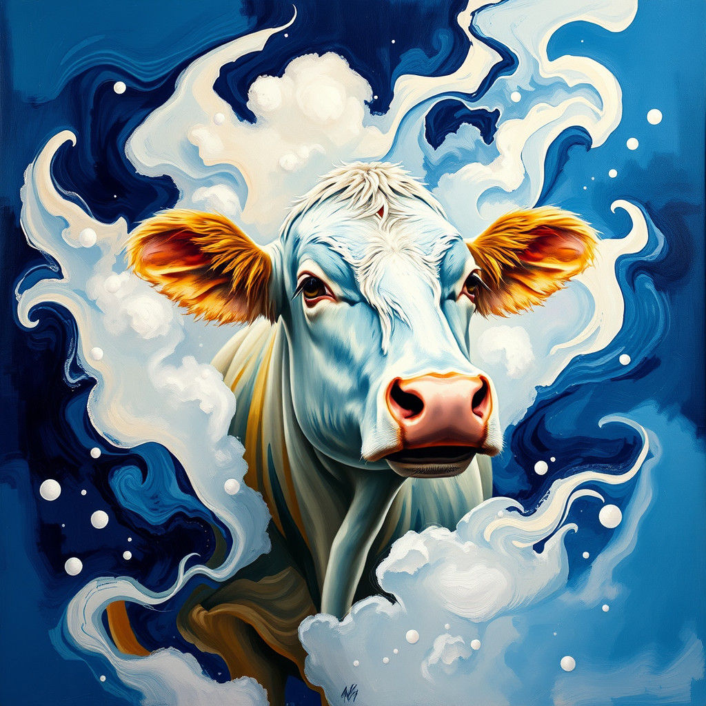 Abstract Cow in Vibrant, Geometric Landscape