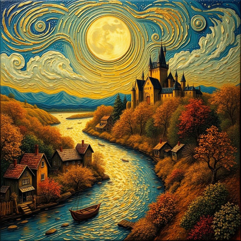 River Village Castle Under Moon in Post-Impressionist Style