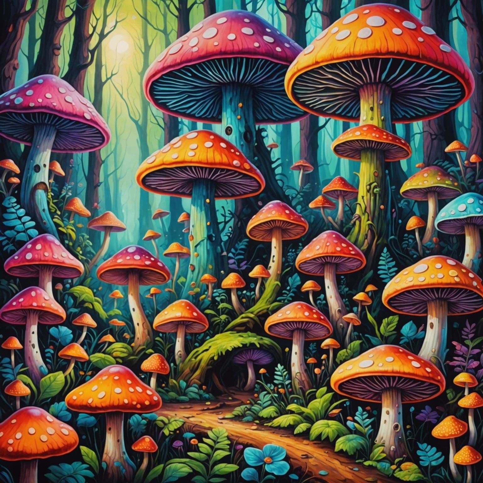Psychedelic Mushroom Forest in Vibrant Colors