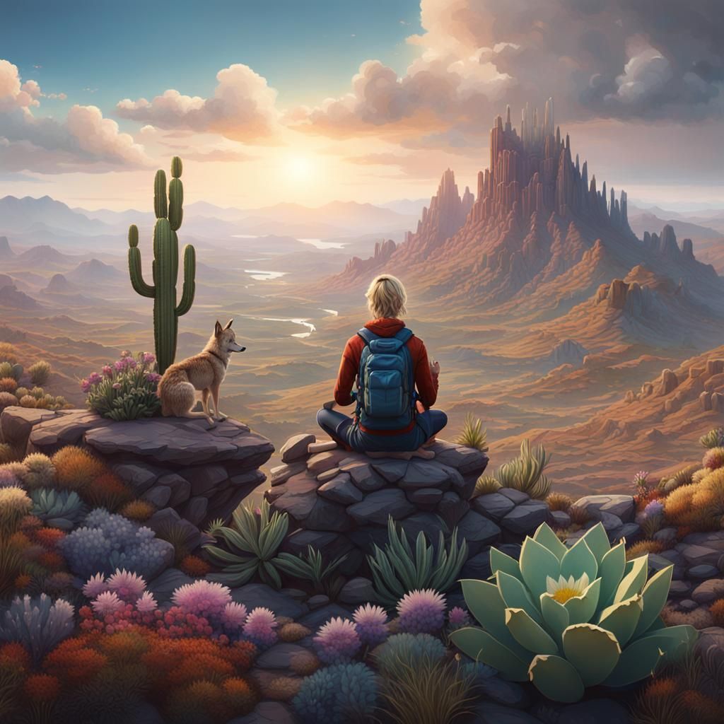 Blond Hiker Meditating on Mountain Top