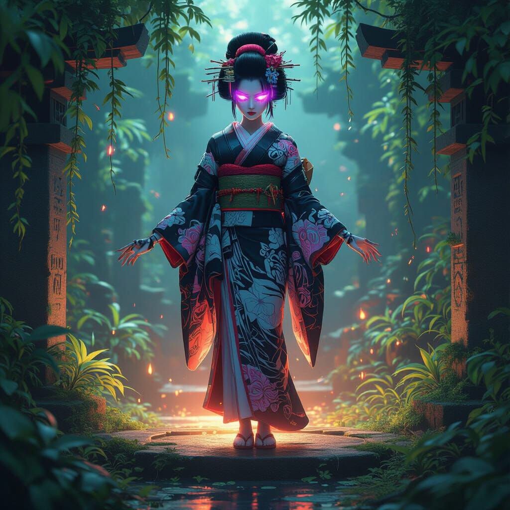 Cyberpunk Geisha Levitates in Jungle Temple