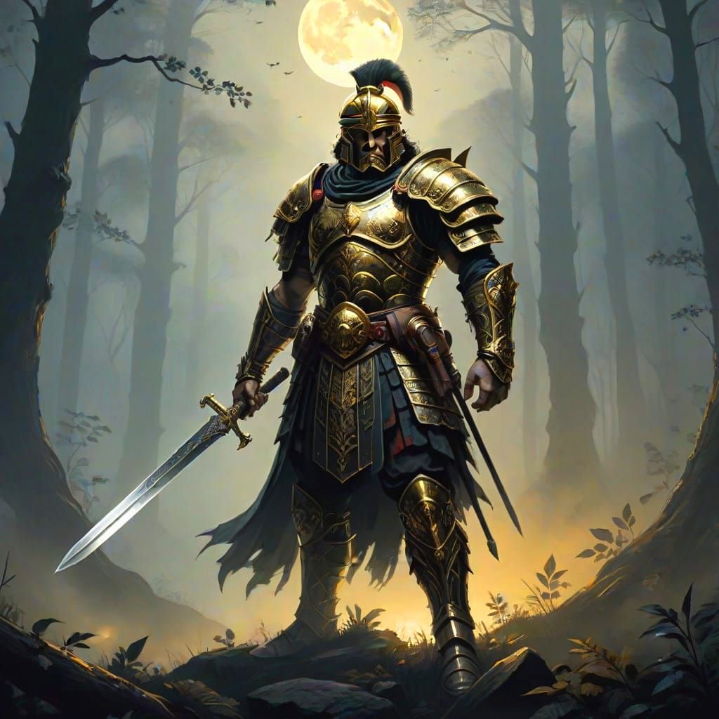 Ancient Roman Warrior Surveys Dark Forest Battleground