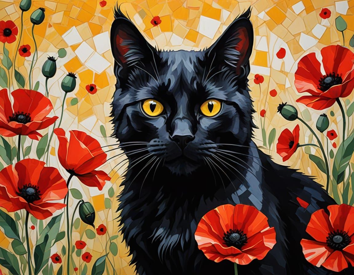 Abstract Black Cat Gazes at Red Poppy, Picasso Inspired