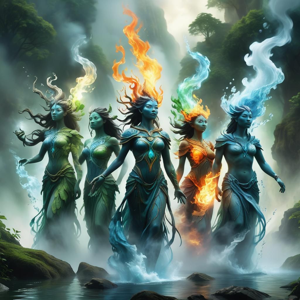 Elemental Spirits Concept Art: Earth, Water, Fire, Air