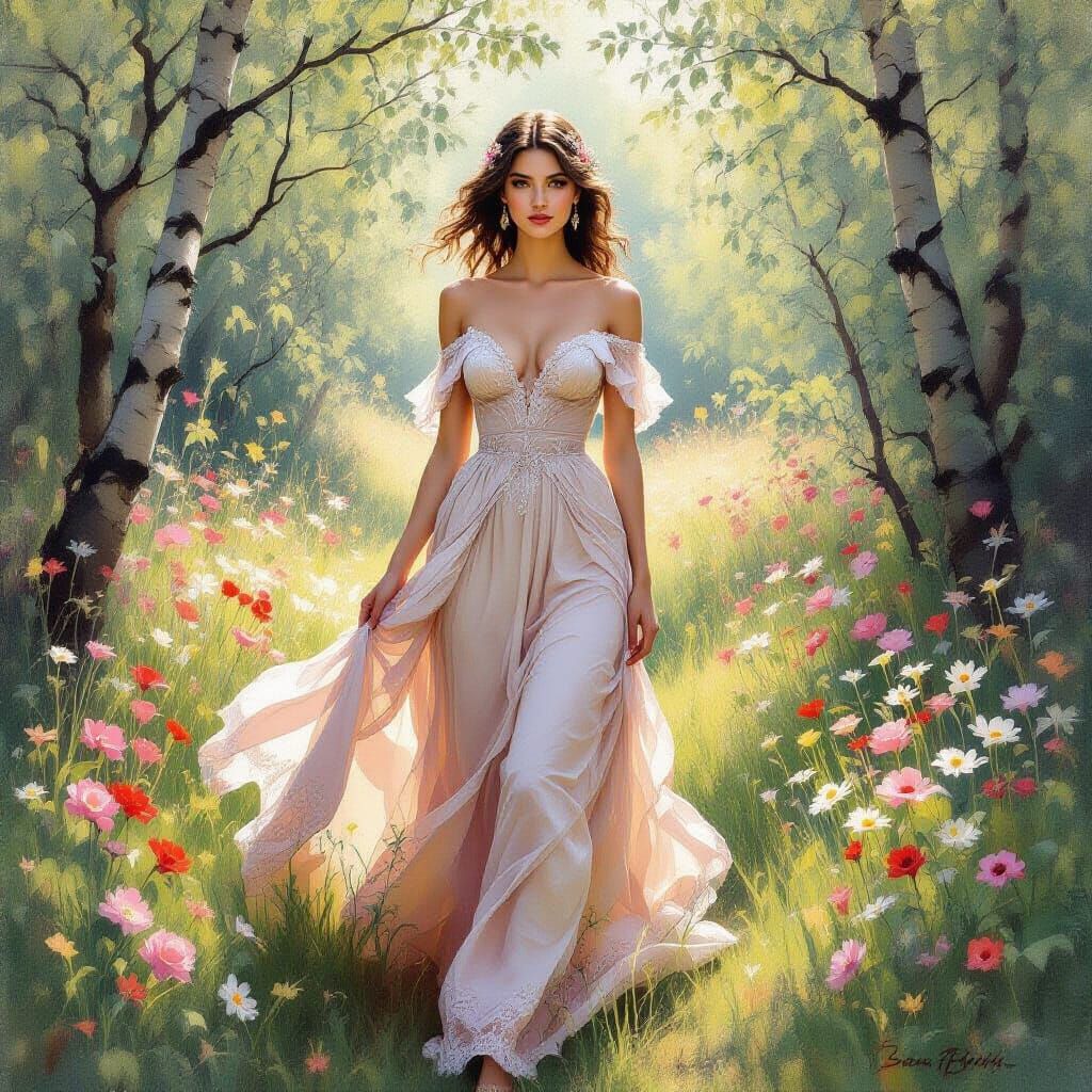 Ethereal Woman in Forest Clearing: Impressionistic Oil Paint...